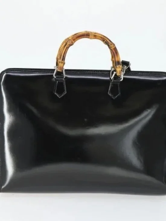 GUCCI Bamboo Hand Bag Patent leather 2 Set Black Auth bs33355 - Picture 3 of 16